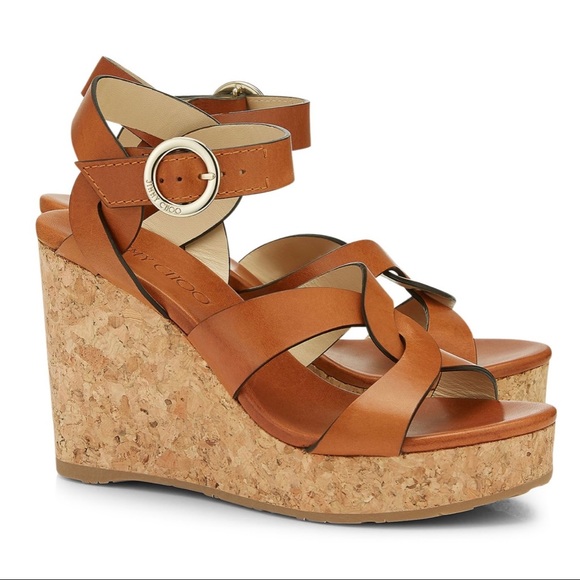 Jimmy Choo Shoes - JIMMY CHOO Aleili 100 Brown Leather Cork Wedge Sandals Women's Size EU 39 US 8